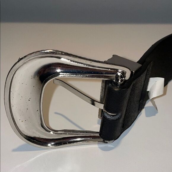 Men's Black faux Leather Belt with Silver colored metal Buckle - Picture 6 of 6